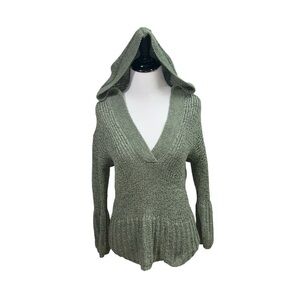 Axcess Liz Claiborne M Medium Knit Sweater Hooded V-Neckline 3/4 Sleeves Green